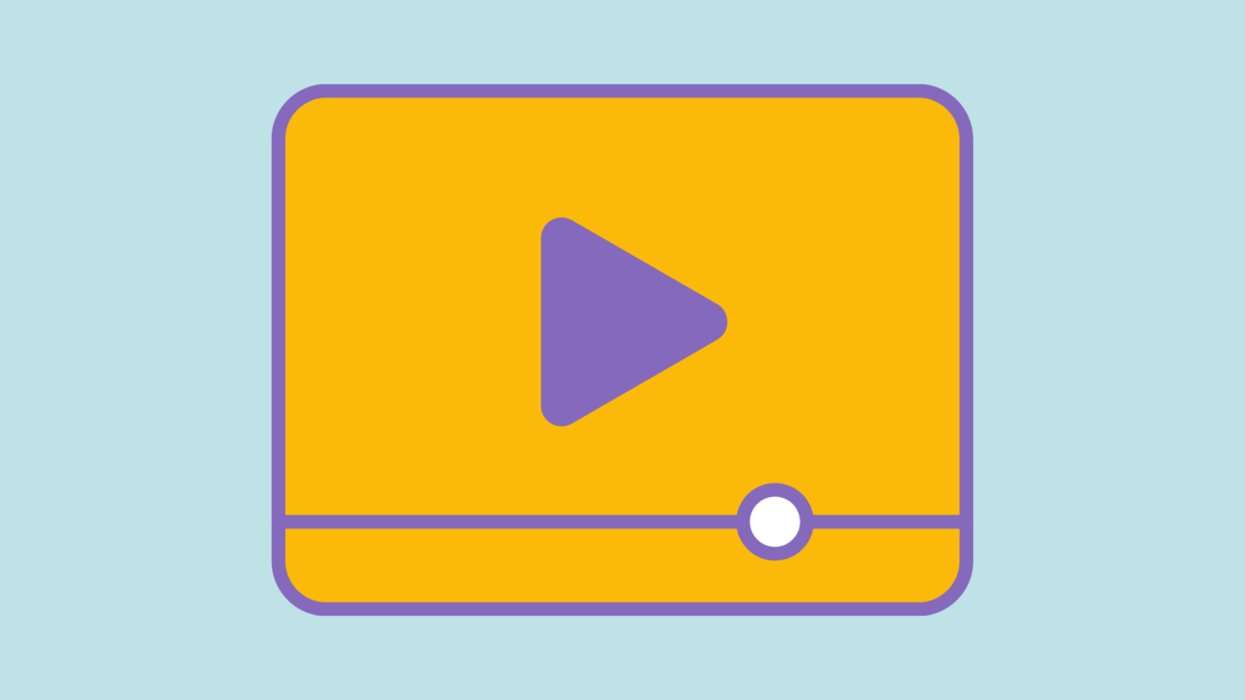 Image of video play icon in purple and yellow on pale blue background